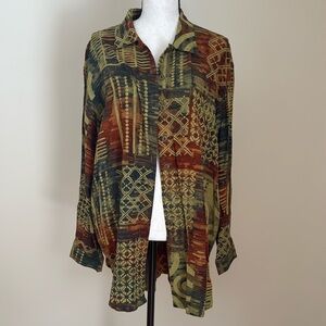 Zion Long Sleeve Tunic Button Down Shirt Blouse Jacket Abstract Brown L